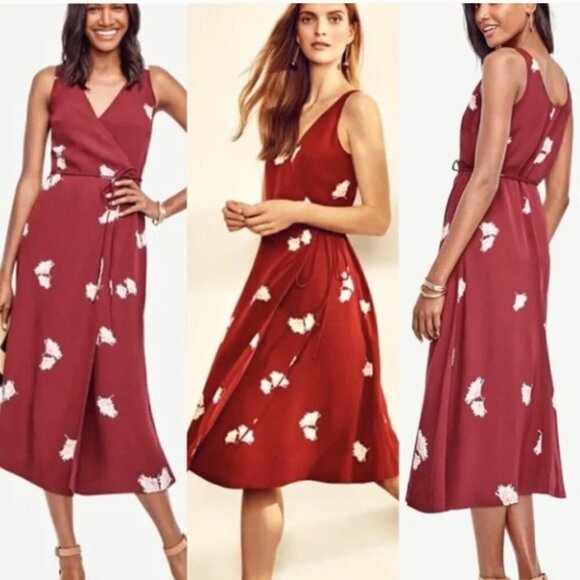 Ann Taylor Dresses & Skirts - Ann Taylor Summer Blossom Oxblood Maroon Midi Tie Wrap Dress 2P